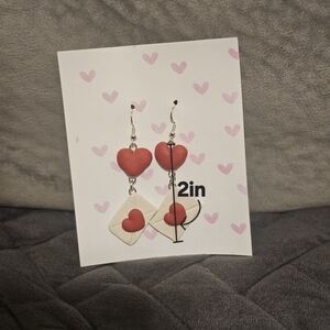 Heart-Shaped Red and White Earrings - Clay
